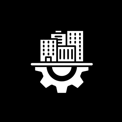 Engineering Precision Icon of buildings on a gear against a black background, symbolizing urban development or city planning.