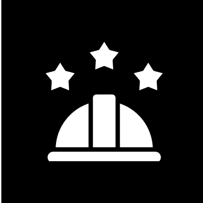 A white hard hat icon with three stars above it, set against a black background.