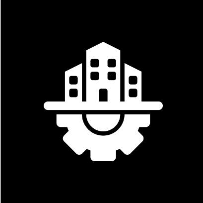 Icon of three buildings on top of a gear against a black background.
