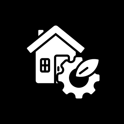 Icon of a house with a gear and a leaf on a black background, representing eco-friendly home technology or sustainable living.