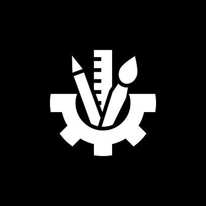 Innovative Design and Construction Icon depicting a gear with a pencil, ruler, and paintbrush inside, symbolizing creativity and engineering. White on a black background.
