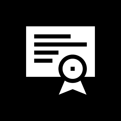 Licensed and Experienced Icon of a certificate with textual lines and a circular ribbon in the lower right corner on a black background.