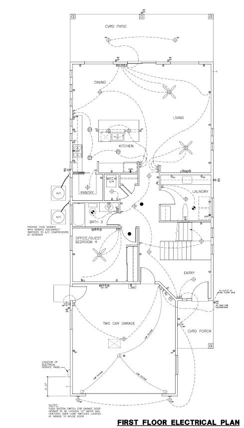Architectural floor plan of a house with labeled rooms and dimensions.