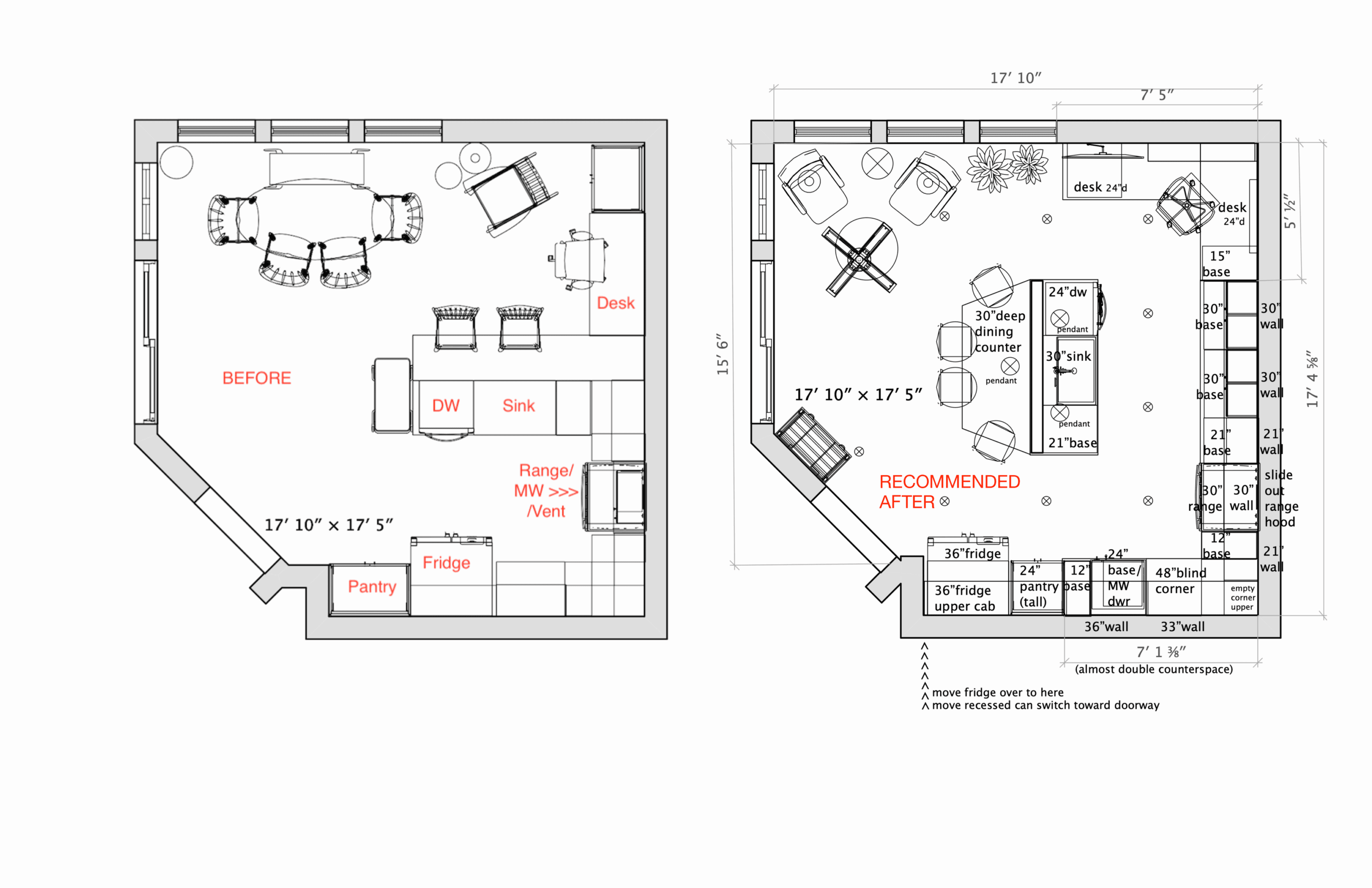 Floor plans of two living spaces with labeled furniture and dimensions.